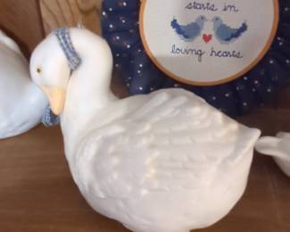 Enesco Ceramic Goose Figurine with Blue Ribbon