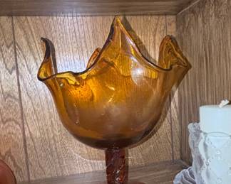 Vintage Amber Glass Handkerchief Compote with Twisted Stem