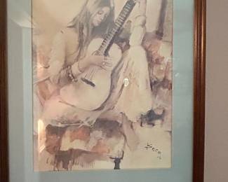 Irene Borg Lithograph Print, Woman with Guitar