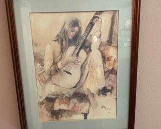 Irene Borg Lithograph, Woman with Guitar