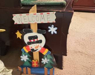 Hand-Painted Wooden Snowman Welcome Sign with Trees and Gift
