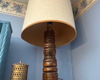 Mid-Century Modern Turned Wood Table Lamp with Brass Accents