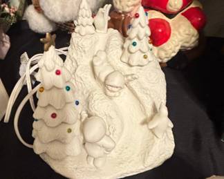 Vintage Ceramic Light-Up Christmas Mountain Scene with Children and Trees