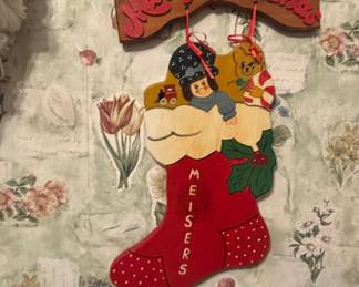 Vintage Hand-Painted Wooden Christmas Stocking Wall Hanging