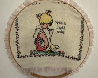 Vintage Precious Moments "Make a Joyful Noise" Cross Stitch Hoop Art