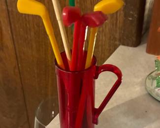 Vintage Golf Club Swizzle Sticks with Red Pitcher Holder