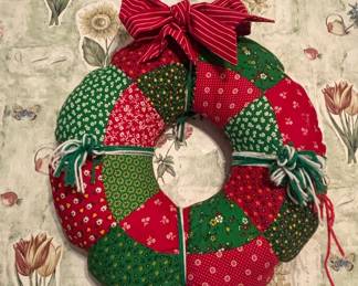 Vintage Handmade Patchwork Christmas Wreath with Red Striped Bow