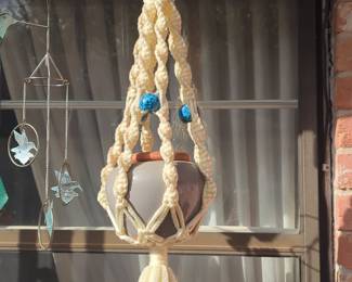 Vintage Macrame Plant Hanger with Ceramic Pot and Hummingbird Chimes