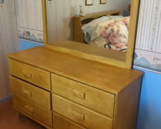 Vintage Honey Pine Six-Drawer Dresser with Mirror