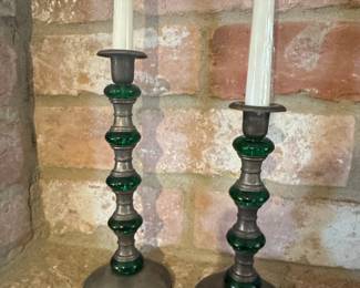 International Silver Company Silver-Plated and Green Glass Bead Candlesticks
