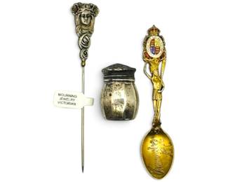 Sterling Silver Victorian Mourning Hat Pin, Spoon, Shaker 21g