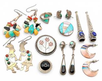 Native American Sterling Silver Earrings, Brooches, More 70g Total