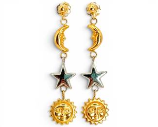 14k Gold Moon, Sun, Star Dangle Earrings 1.17g