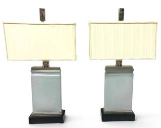 Pair Of Light Blue Crackle Porcelain Table Lamps With Rectangular Ivory Shades