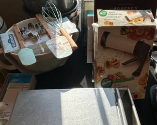Assorted Home Baking Tools and Bakeware Collection with WilliamsSonoma Bouchon Mold and Wilton Spritz Cookie Press