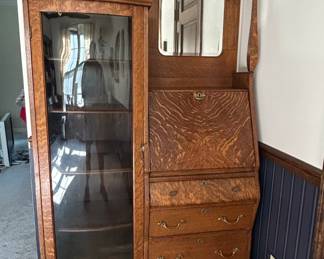 Antique Victorian Carved Tiger Oak SidebySide Secretary Desk and China Cabinet