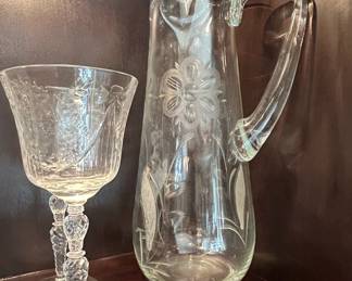 Vintage Etched Floral Glass Pitcher and Stemware Set