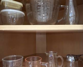Vintage Pink Glass Measuring Cup and Assorted Kitchen Glassware