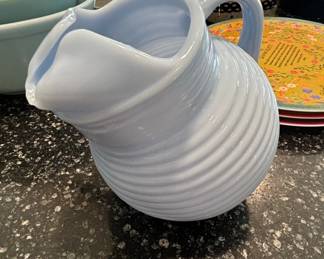 Vintage Light Blue Ribbed Glass Pitcher