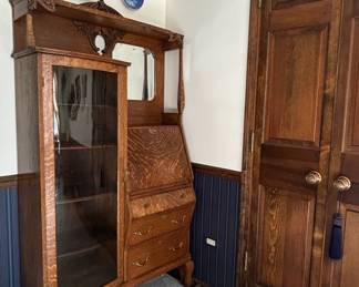 Antique Victorian Carved Tiger Oak SidebySide Bookcase with Drop Front Secretary Desk, Circa
