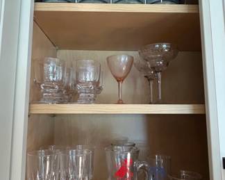 Assorted Vintage and Contemporary Barware Collection including Photographic Insert Glassware, Pink Stemware, Paneled Goblets, and Promotional Mugs
