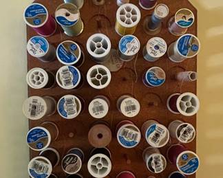 Vintage WallMount Wooden Thread Spool Rack with Assorted Thread