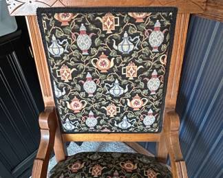 VictorianStyle Oak Accent Chair with Teapot Tapestry Upholstery second image