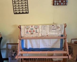 Vintage Wooden FloorStanding Needlework Scroll Frame with Embroidered Panels