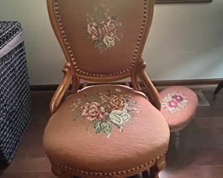Victorian Style Needlepoint Armchair and Footstool Set