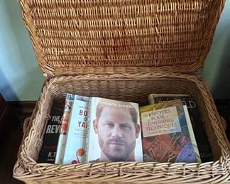 Vintage Wicker Picnic Basket with Lid and Books