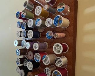 Vintage WallMount Wooden Thread Spool Rack with Assorted Thread second image
