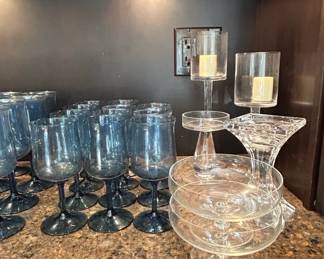 Vintage Libbey Dusky Blue Wine Glasses and Clear Glass Pedestal Candle Holders