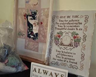 Vintage Cross Stitch Lot Give Me Time Sampler, Unfinished Project, Scroll Frame, and Always Kiss Me Goodnight Sign