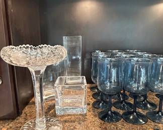 Vintage Etched Crystal Pedestal Compote and Blue Stemmed Wine Goblets, possibly American Brilliant Period