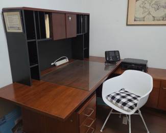 MCM desk and MCM inspired white chair with tags