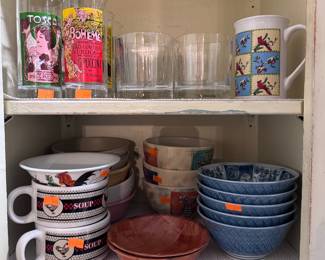 collectible glasses, soup bowls and rocks glasses