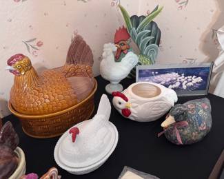 nesting hens, chicken planter, rooster dish, decoupaged duck