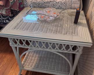 wicker side table with glass top