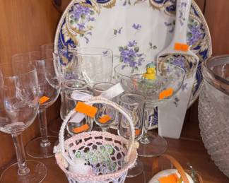 wine glasses, cake plate and easter decor