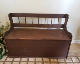 Wooden bench with toy chest, storage under seat.