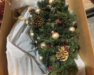 Assortment of Christmas & Holiday Decorations Including Wreaths, Garlands, Ornaments, Ribbon, Santa Figures, Tree Décor & Card Holders