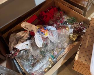 Assortment of Christmas & Holiday Decorations Including Wreaths, Garlands, Ornaments, Ribbon, Santa Figures, Tree Décor & Card Holders