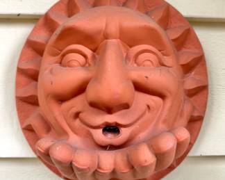 Terracotta Sun Face Garden Wall Plaque with Sculptural Hands & Radiating Rays