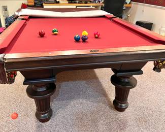 Peter Vitalie Co. Traditional Slate Pool Table with Red Felt, Leather Fringe Pockets & Turned Column Legs
