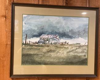 Framed Original Watercolor Landscape of Rustic Barn