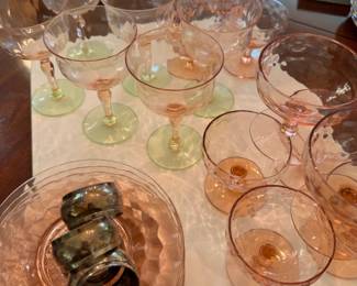 Depression-Era Pink & Green Uranium Glass Stemware and Cocktail Glass Collection