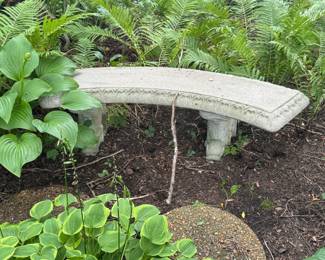 Curved Cast Stone Garden Bench with Decorative Border & Pedestal Supports