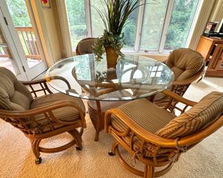 Five-Piece Rattan Dining Set with Round Glass-Top Table & Four Upholstered Armchairs