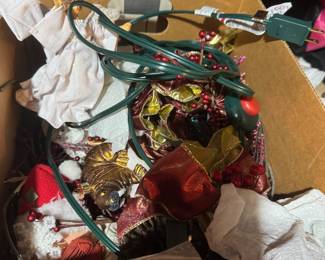 Assortment of Christmas & Holiday Decorations Including Wreaths, Garlands, Ornaments, Ribbon, Santa Figures, Tree Décor & Card Holders