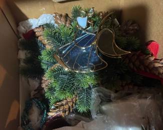 Assortment of Christmas & Holiday Decorations Including Wreaths, Garlands, Ornaments, Ribbon, Santa Figures, Tree Décor & Card Holders